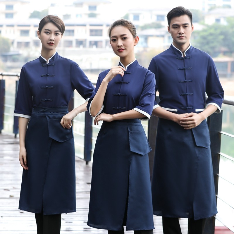 职锦彩裳 中餐厅蓝色中袖盘扣服务员工作服定制指南